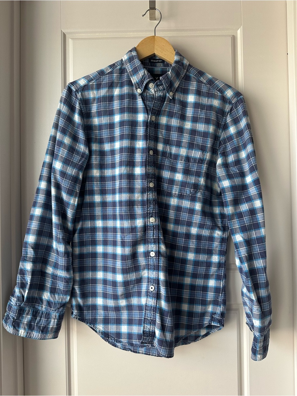 American Eagle Outfitters Navy and Light Blue Plaid Button-Down Shirt
